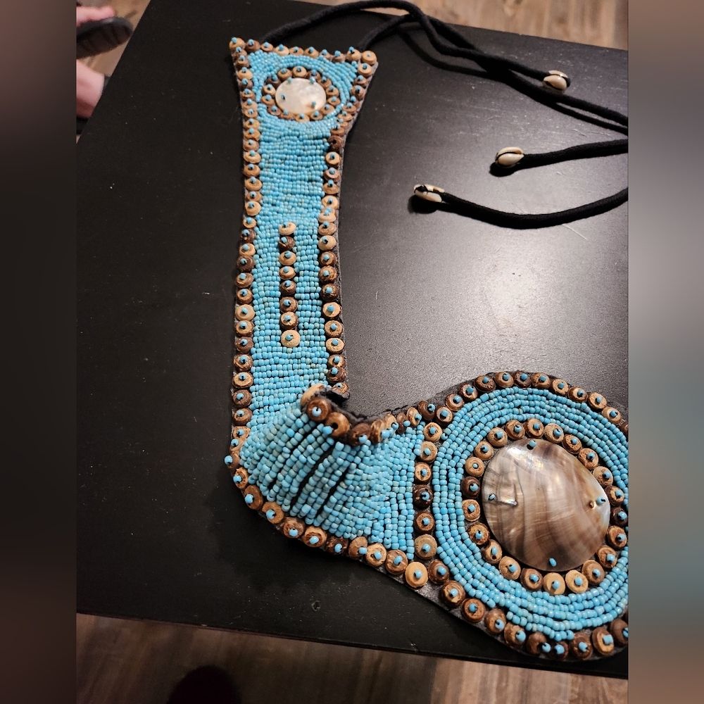 Beaded Turquoise and Brown Belt with Shell Accents - Picture 2 of 8